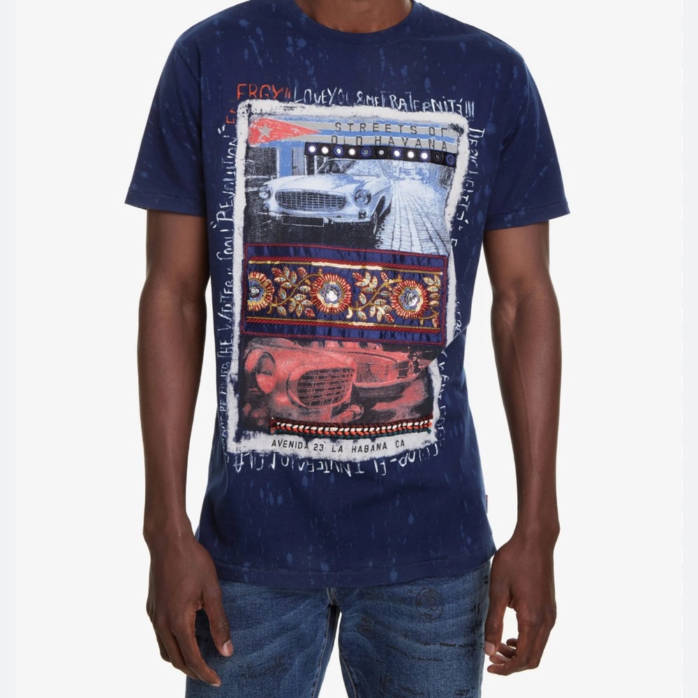 Desigual Classic Car Havana Cuba Embroidered Fringe Art To Wear T Shirt Large